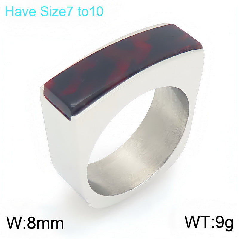 Retro Square Resin Patch Ring, Medieval Women's Stainless Steel Ring