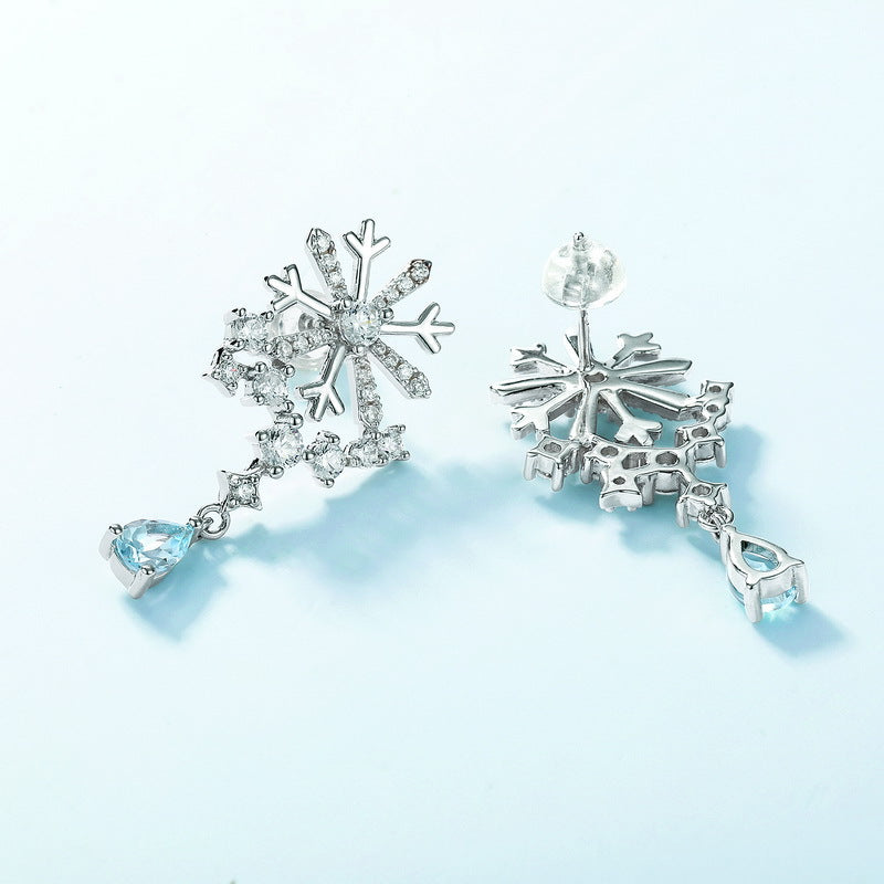 Zircon Snowflake with Pear Shape Sky Blue Topaz Sterling Silver Drop Earrings