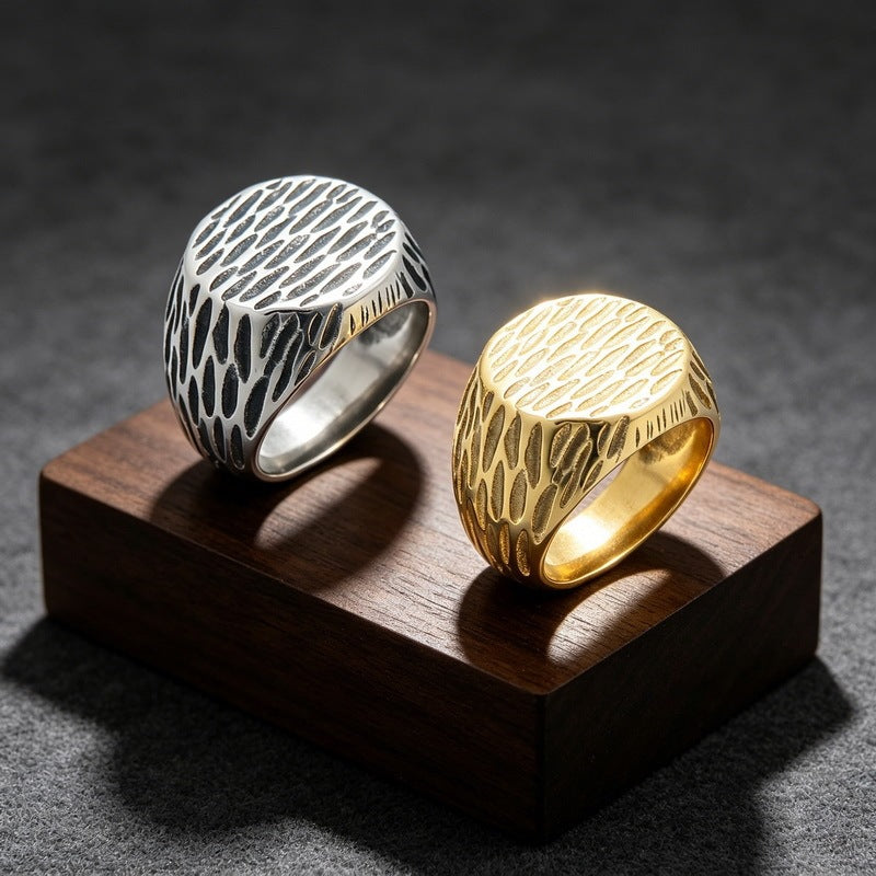 Retro Boys Hammer Pattern Round Ring Face Trendy Men Ring Meteorite Pattern Stainless