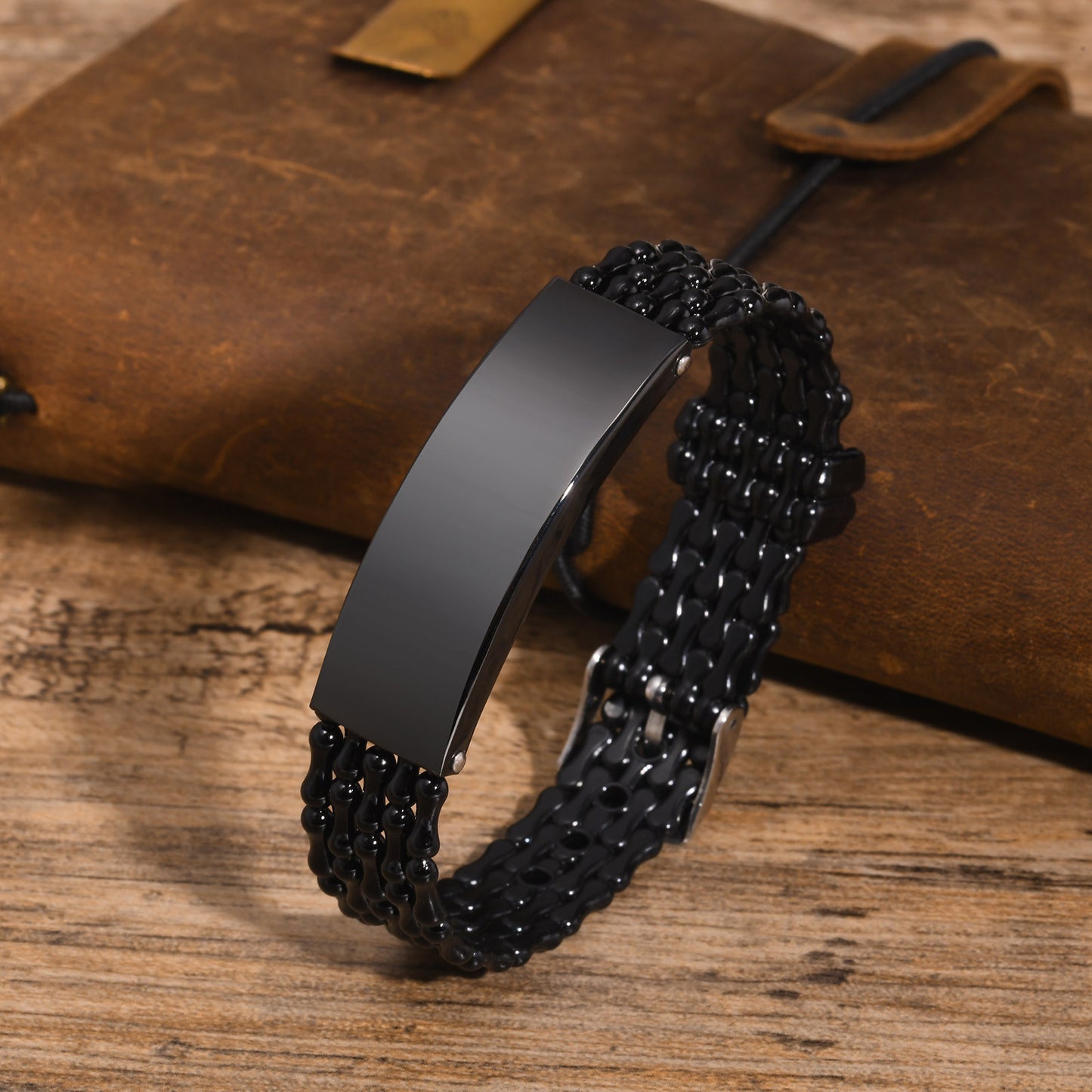 Jewelry Stainless Steel Curved Brand Black PVC Strap Bracelet Universal for Men and Women