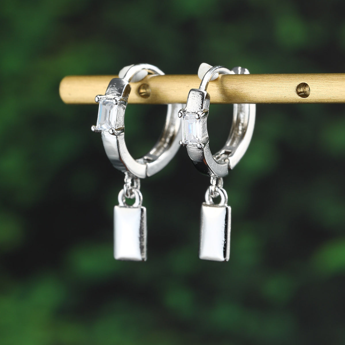 Copper Zircon Small Square Single Earring — White Gold Tone