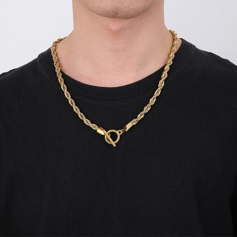 Custom Hip Hop Twill Skull Button Chain Necklace for Men - Stainless Steel Twist Design