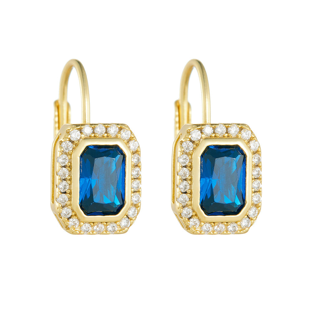 Planderful S925 Sterling Silver Zircon Earrings Blue Rectangle Pendant Retro French Style For Fashion Lovers