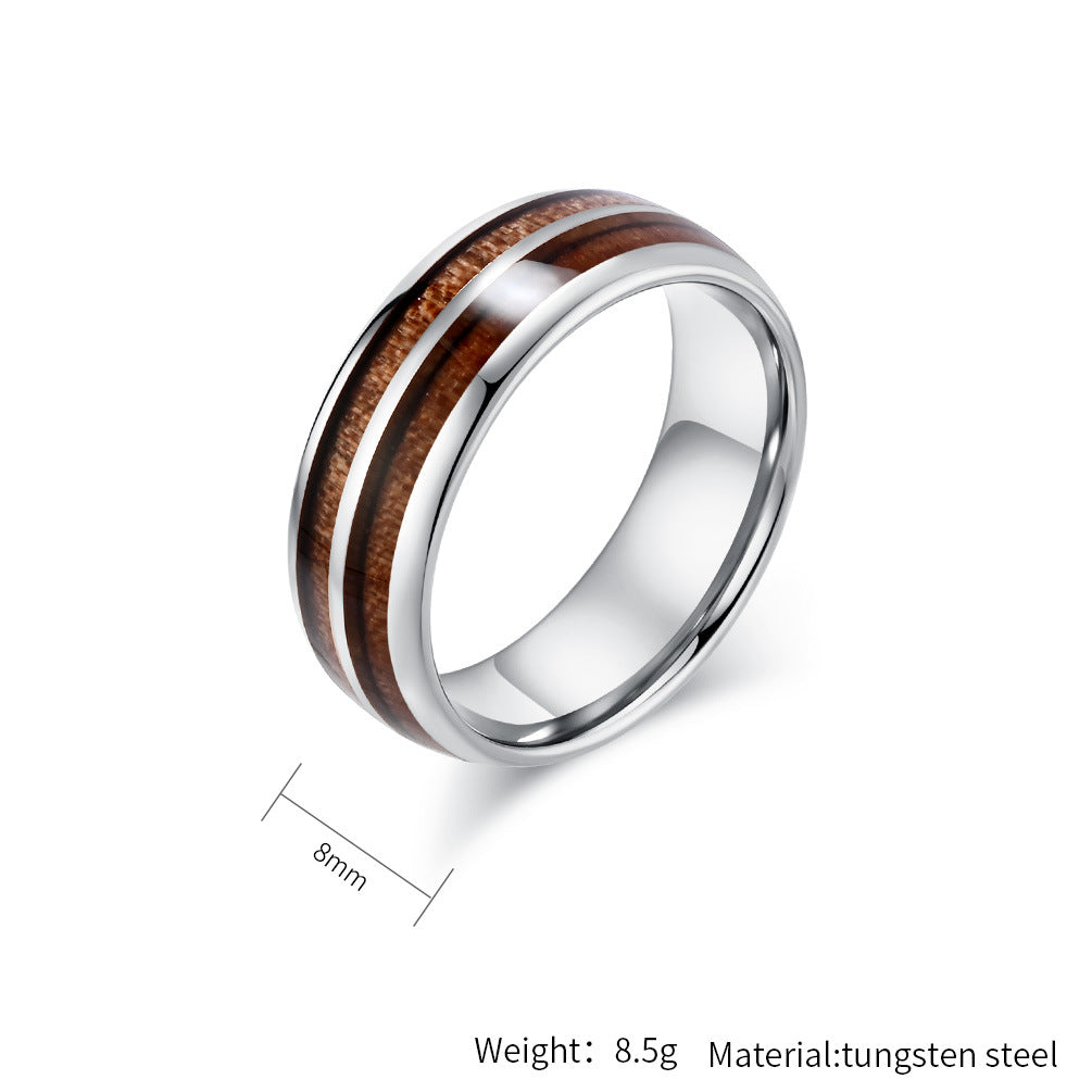 Planderful Tungsten Steel Ring With Parquet Wood Inlay Double Groove Unisex Couple Ring