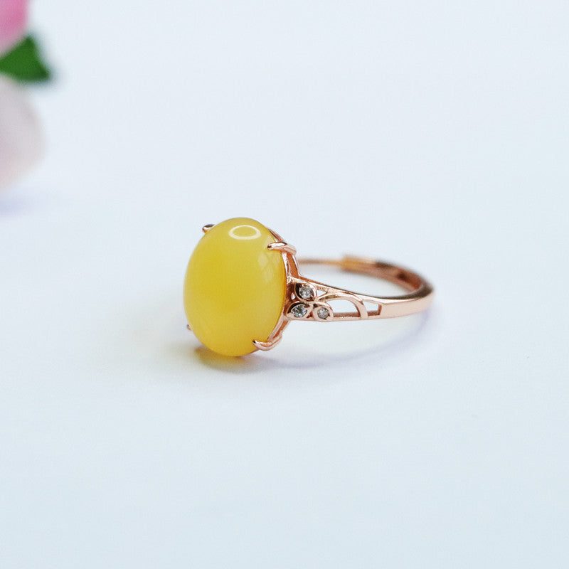 Sterling Silver Leaf Hollow Ring with Beeswax Amber Zircon