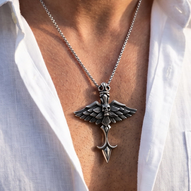 Fallen Angel Pendant Punk Goth Skull Wings Cross Sword Wings Stainless Steel Men's Necklace