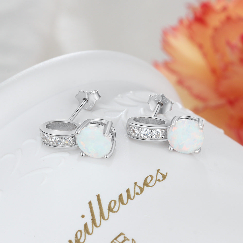 Planderful Jewelry Opal Stud Earrings In Sterling Silver With Zircon Crystals For Everyday Elegance