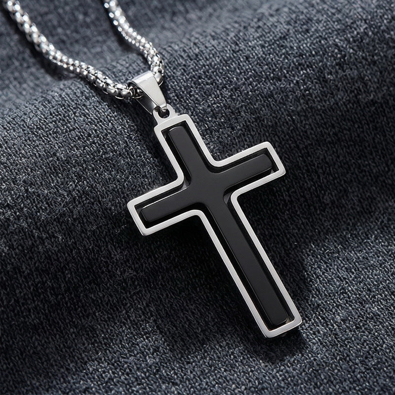 Popular Japanese And Korean Retro Rotatable Cross Two-Color Stainless Steel Men's Pendant Necklace