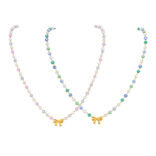 Ladies Sweet Little Fresh Stainless Steel Bow Color Gradual Change Bead Necklace