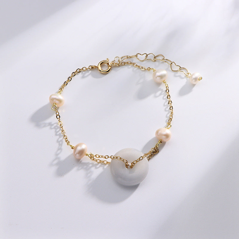 Jade and Pearl Sterling Silver Bracelet with Safety Buckle