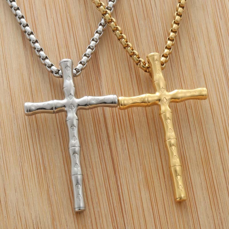 Titanium Steel Bamboo Knot Cross Pendant Necklace - Trendy Punk Style for Men