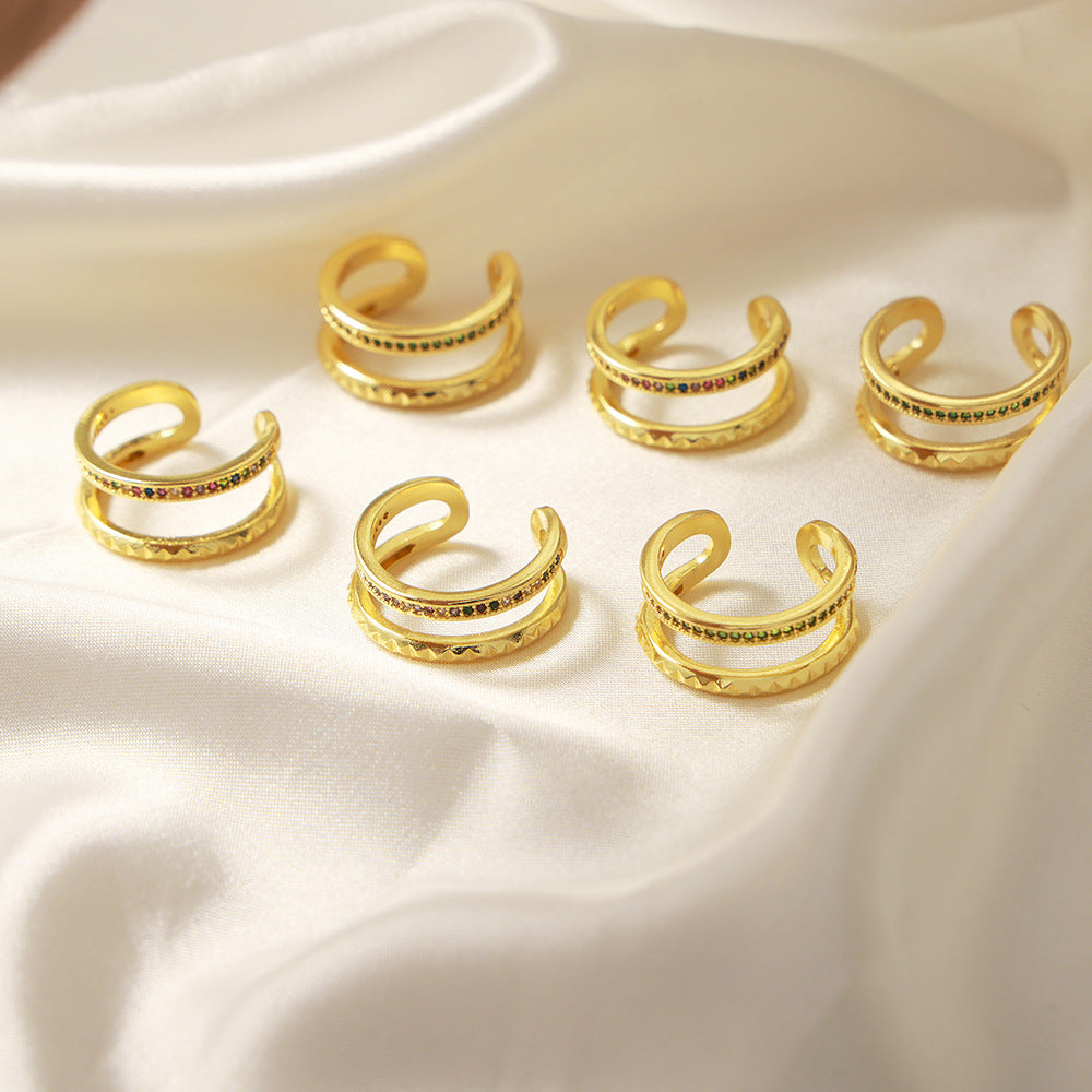 Geometric Double-Layer Copper Zircon Ring - Fashion Jewelry for Women