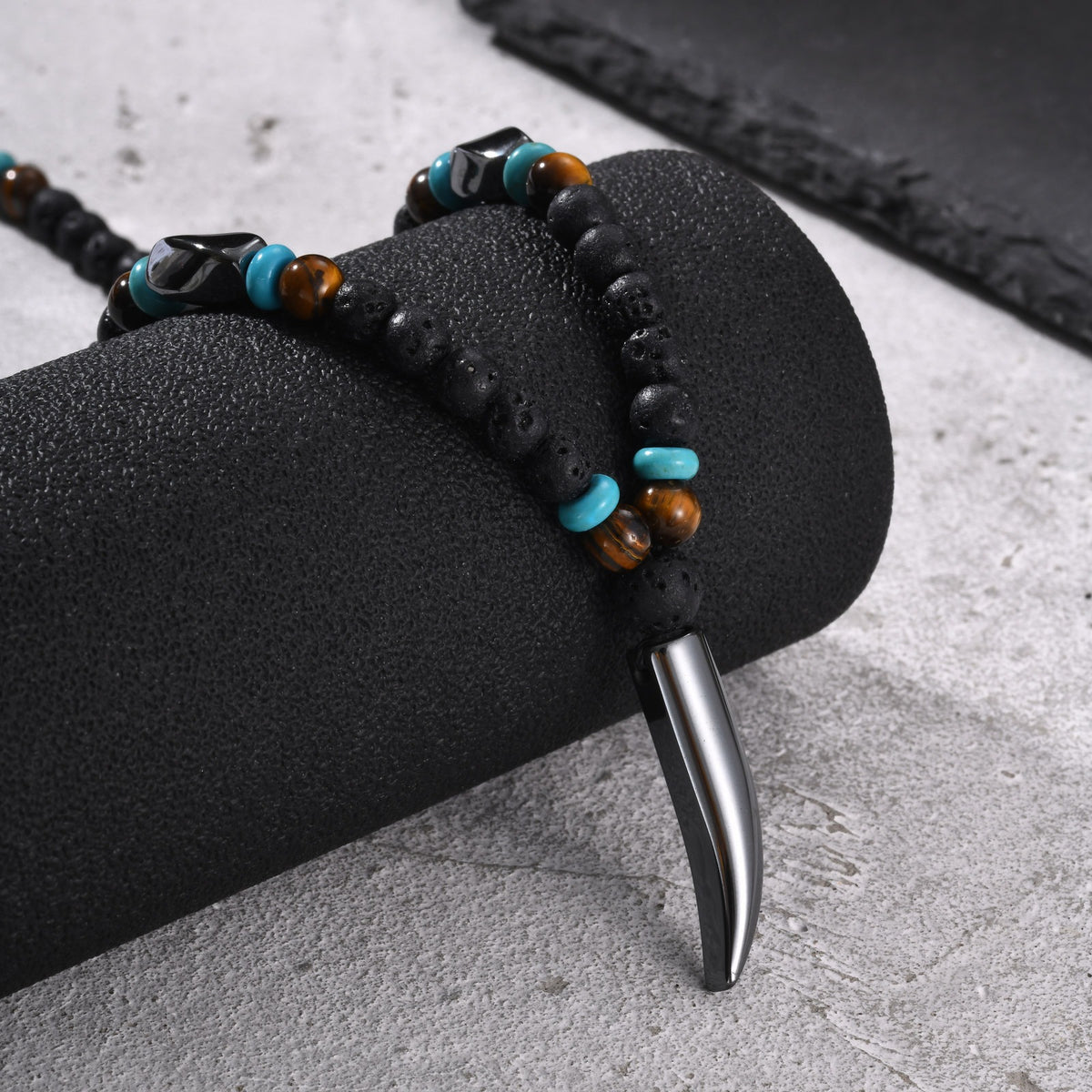 Men's Stainless Steel Volcanic Stone Tiger's Eye Stone Wolf Tooth Pendant Necklace Punk