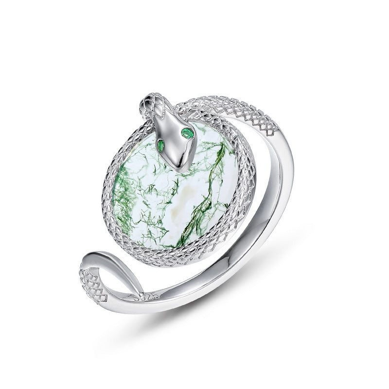 S925 Sterling Silver Moss Agate Snake Ring