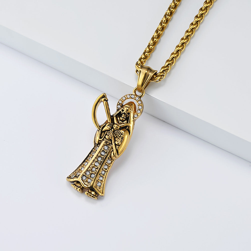 Titanium Skull Pendant Necklace For Men Unisex Sickle Reaper Hip Hop Style Protection Planderful Collection Genie