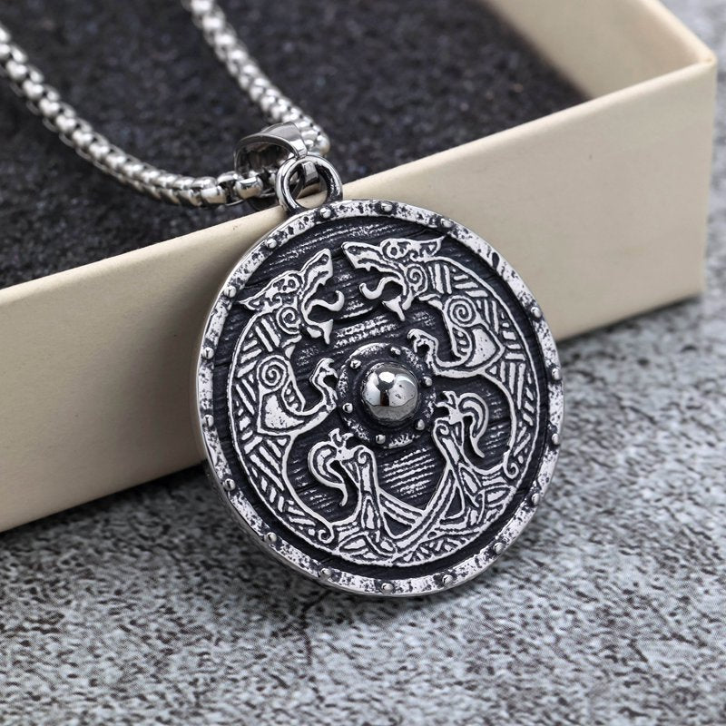Planderful Retro Viking Shield Pendant Necklace Stainless Steel Unisex Double Sided Norse Legacy