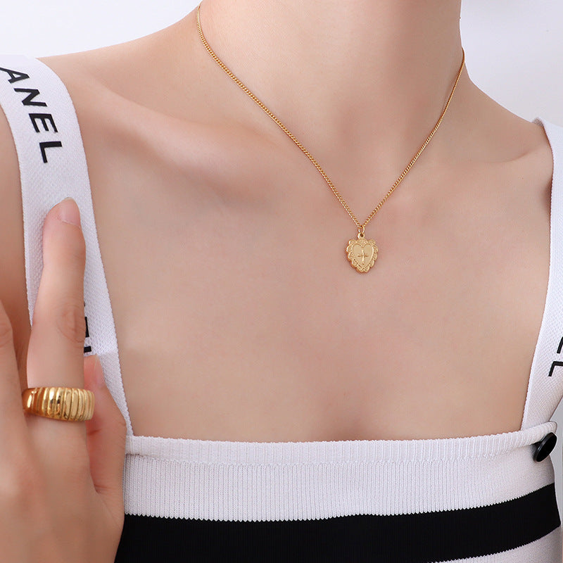 Elegant Heart Relief Cross Pattern Love Necklace in Gold Plated Titanium Steel