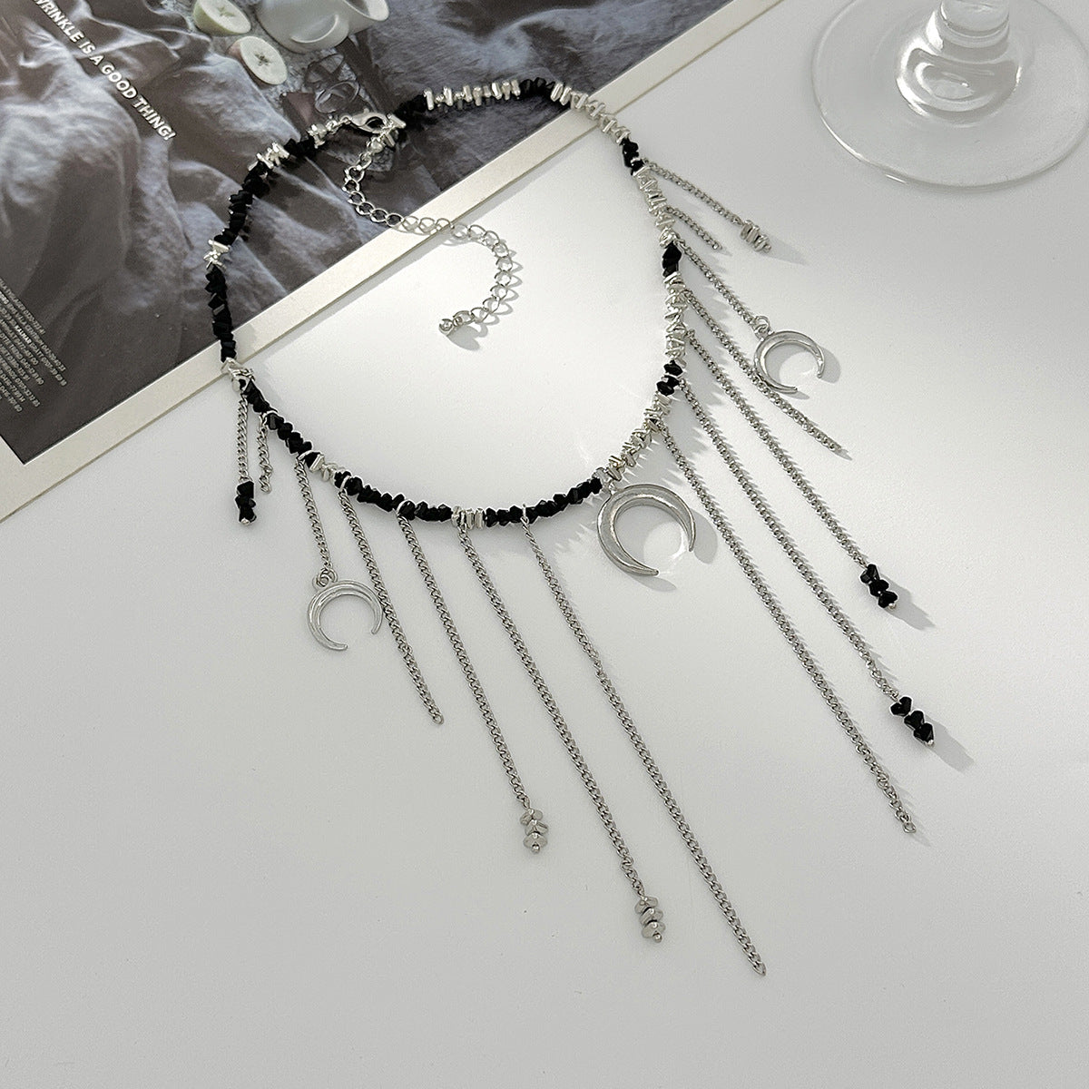 Crescent Bead Fringe Collarbone Necklace