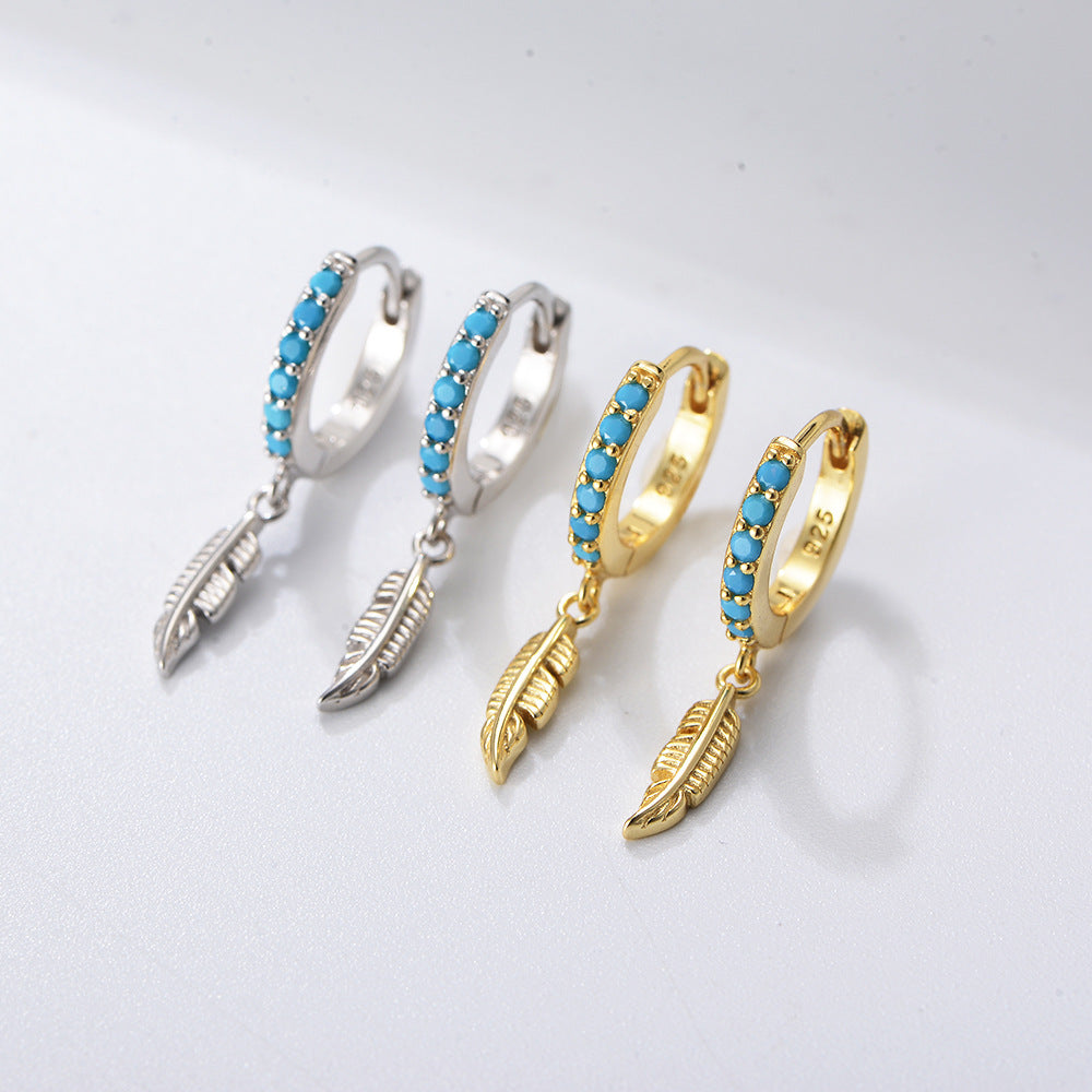 S925 Sterling Silver Turquoise Feather Ear Buckle Earrings High-End Earrings