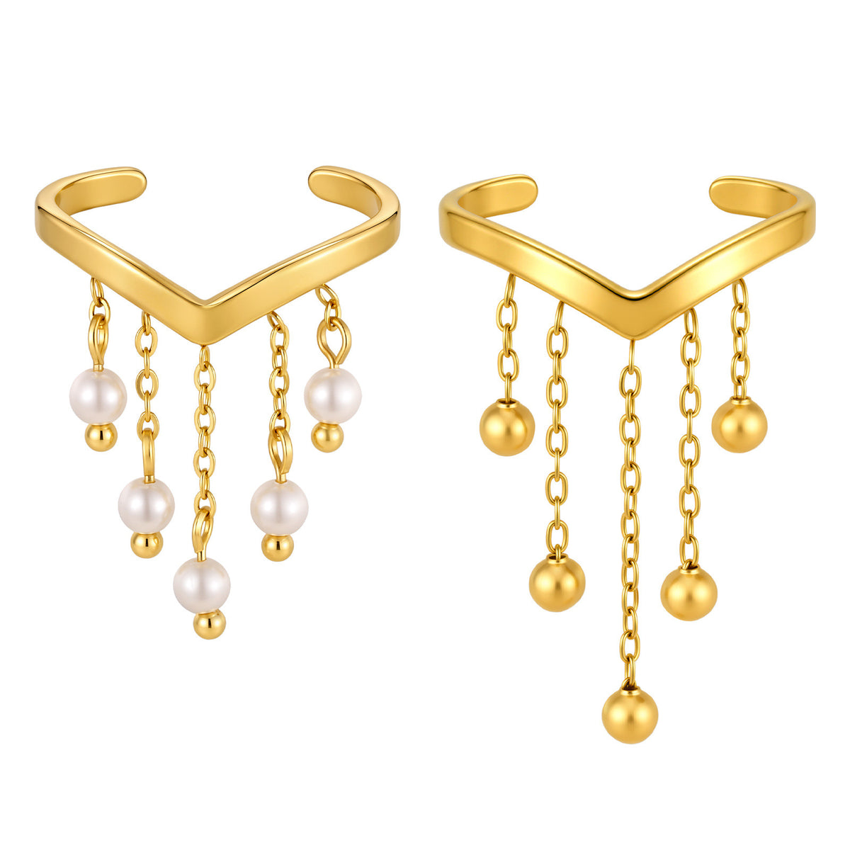Ladies Open Ring Stainless Steel Gold V-Shaped Imitation Pearl Tassel Elegant