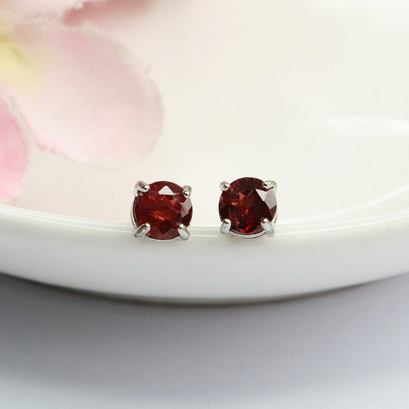 Burgundy Garnet Four-Prong 925 Silver Stud Earrings