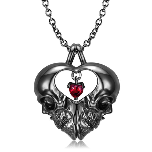 Halloween Double Sided Skull Heart Shape Pendant Red Zircon Silver Necklace
