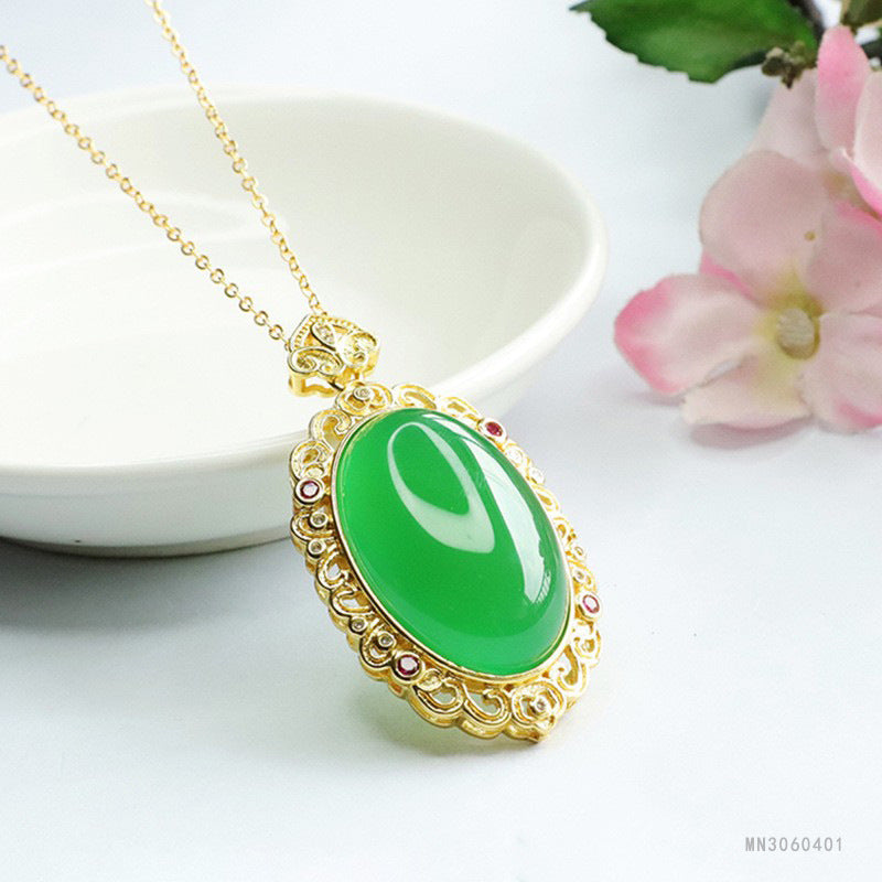 Green Chalcedony Cloud Oval Pendant — No Chain