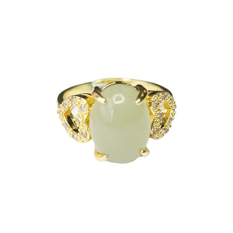 Elegant Love Zircon Hollow Hotan Jade Ring with Adjustable Opening