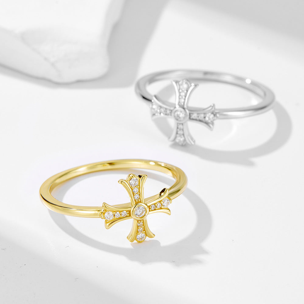 S925 Sterling Silver Zircon Cross Ring Retro Ring