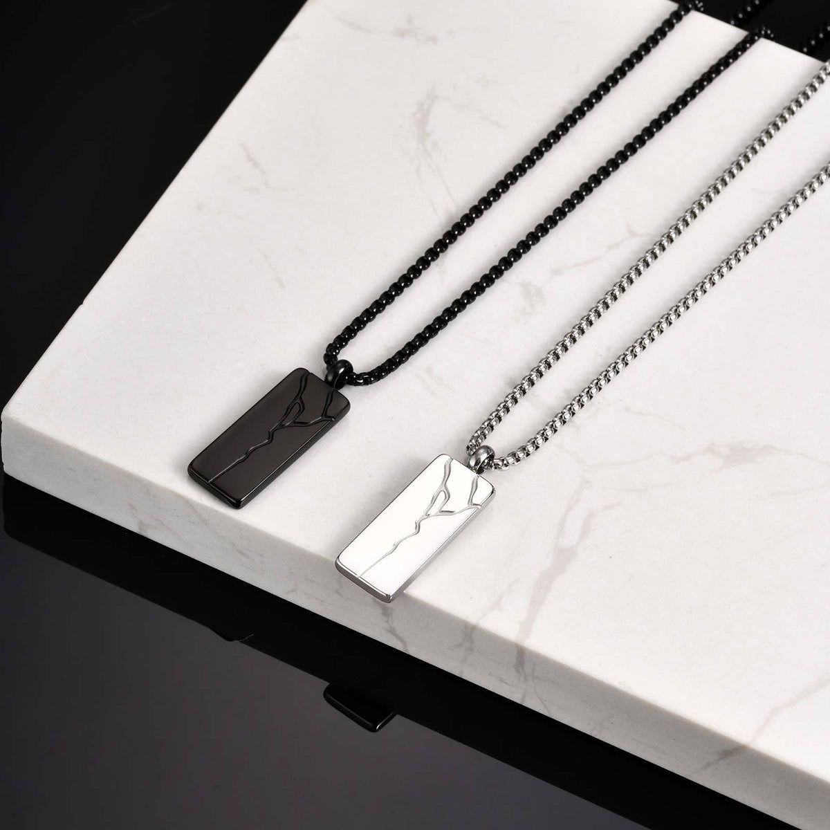 Branch-Line Rectangular Pendant Necklace — Black or Silver