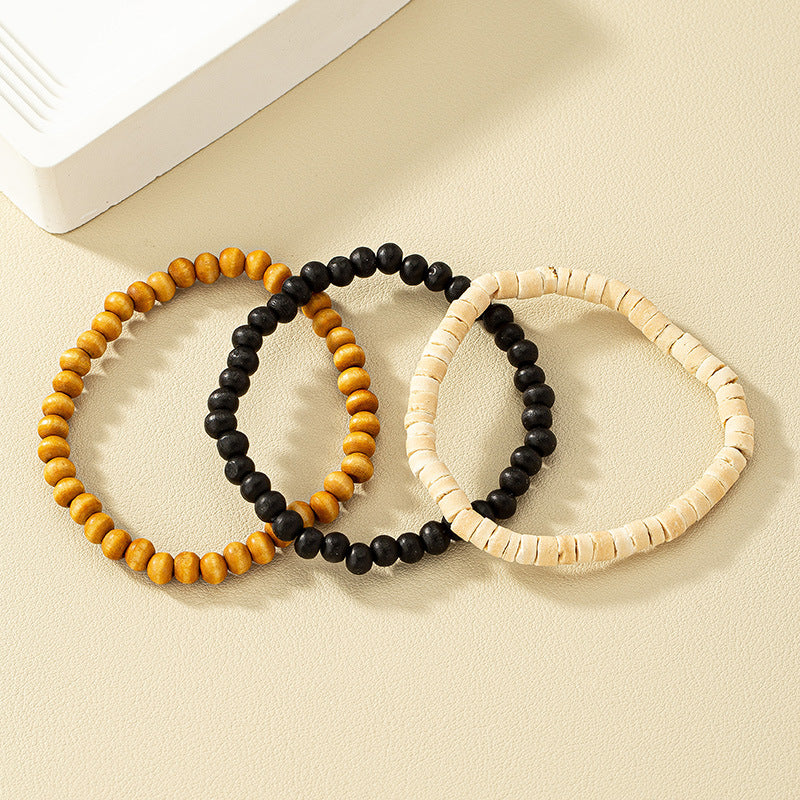 Boho Chic Wooden Bead Bracelet Set with Customizable Elastic, Minimalist and Stylish Arm Candy Trio for Niche Market