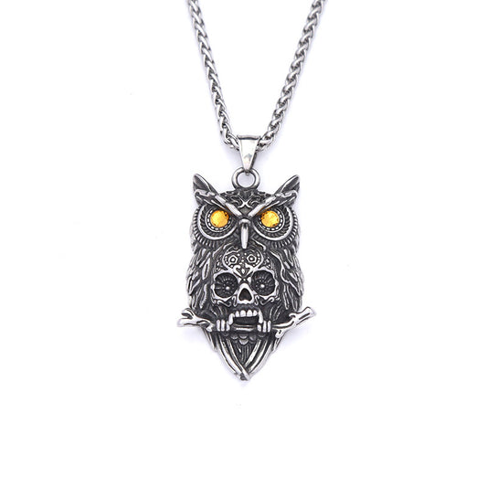 Titanium Steel Owl Skull Necklace Retro Punk Pendant Jewelry