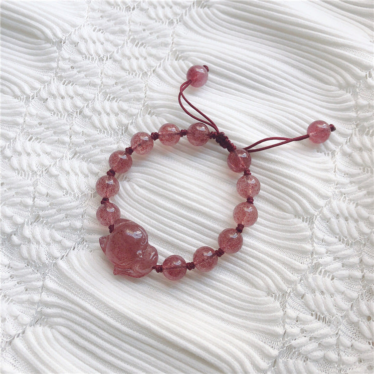 Crystal Pixiu Bracelet with Strawberry Crystal and Sterling Silver Charm