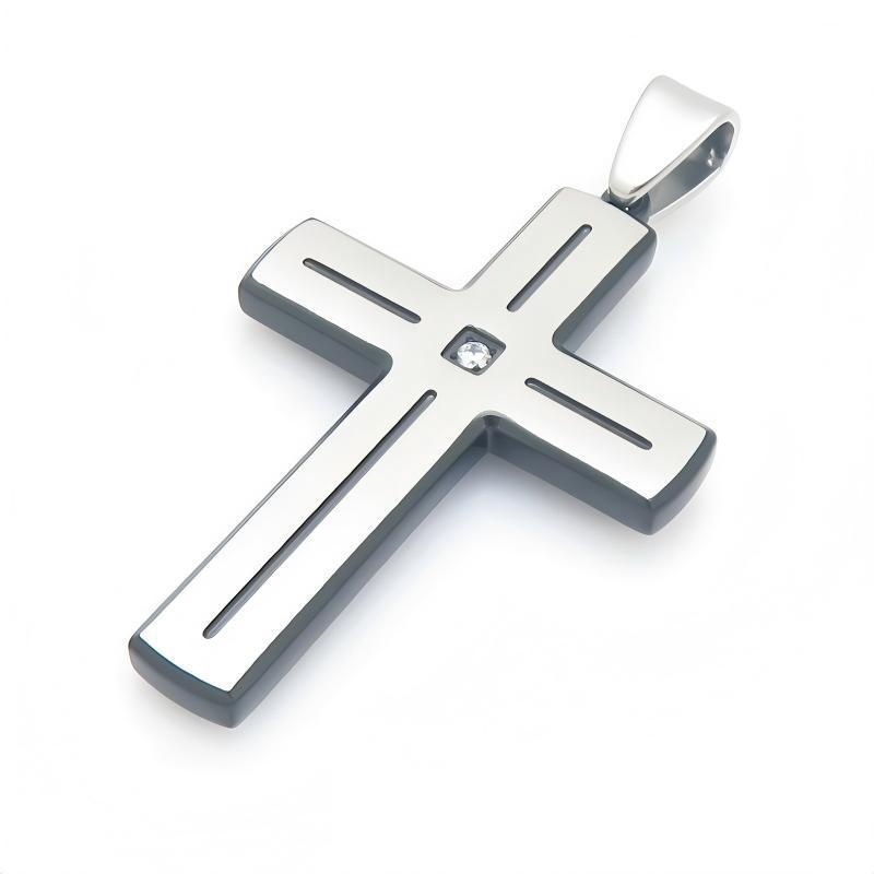 Popular Slotted Line Zircon Cross Titanium Steel Pendant Retro Contrasting Color Stainless Steel Necklace