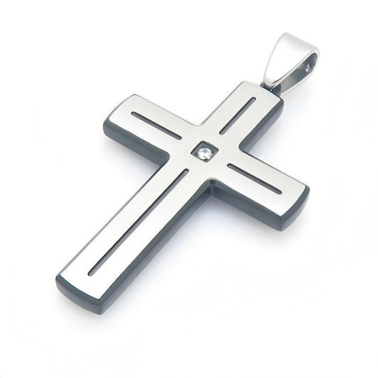 Popular Slotted Line Zircon Cross Titanium Steel Pendant Retro Contrasting Color Stainless Steel Necklace