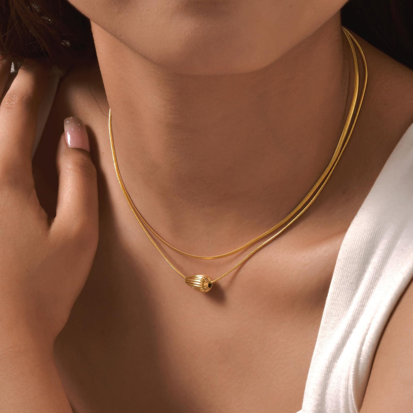 Stainless Steel Strip Gold-Plated Pattern Water Drop Bead Spacer Double Layer Stacked Necklace