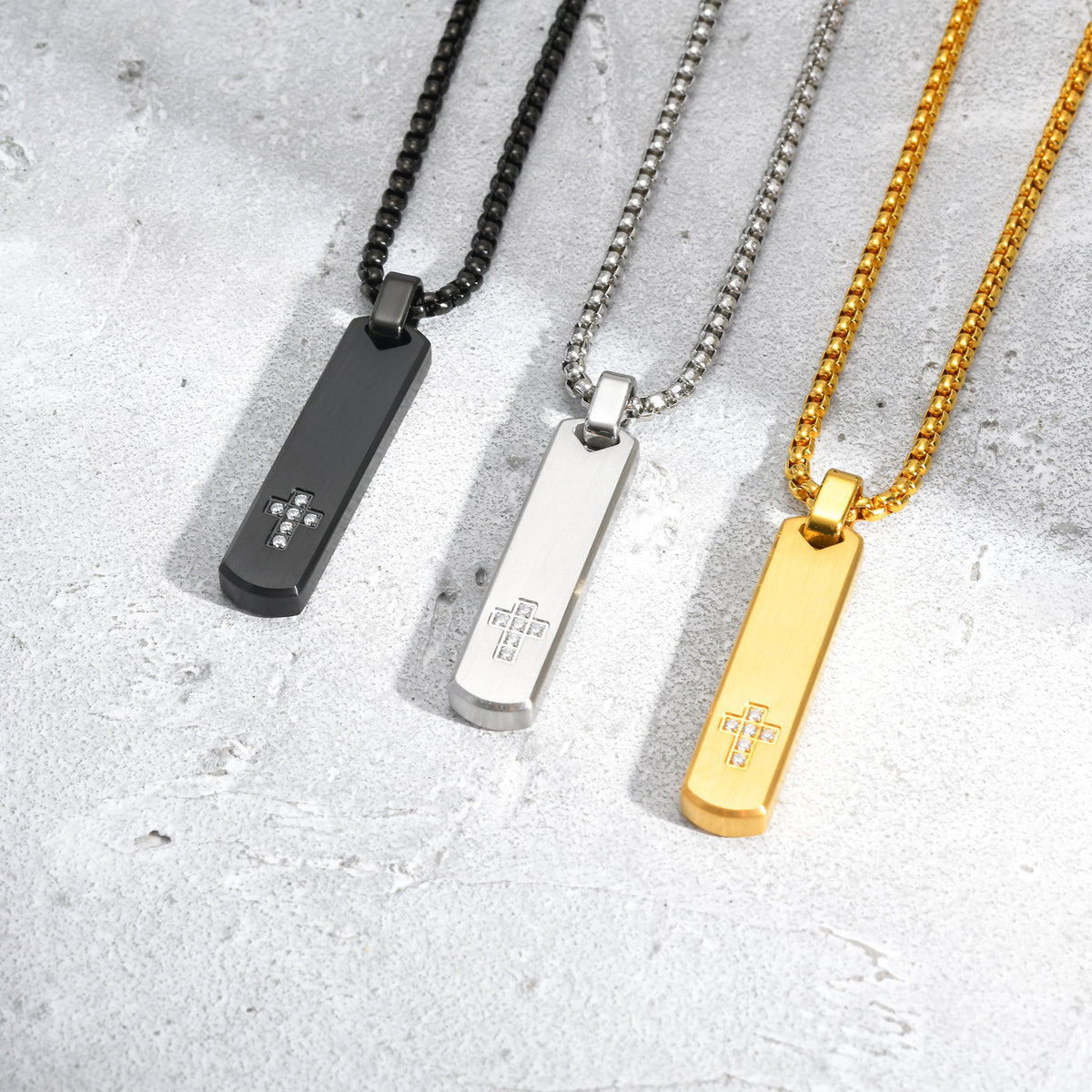 Cross Zircon Geometric Textured Stainless Steel Necklace for Men