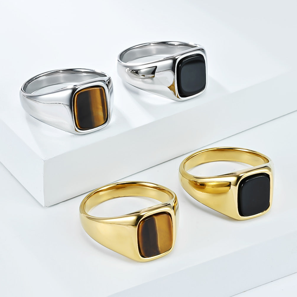 Planderful Tiger's Eye Ring Titanium Steel Black Stone Unisex Neutral Style Everyday Jewelry Premium