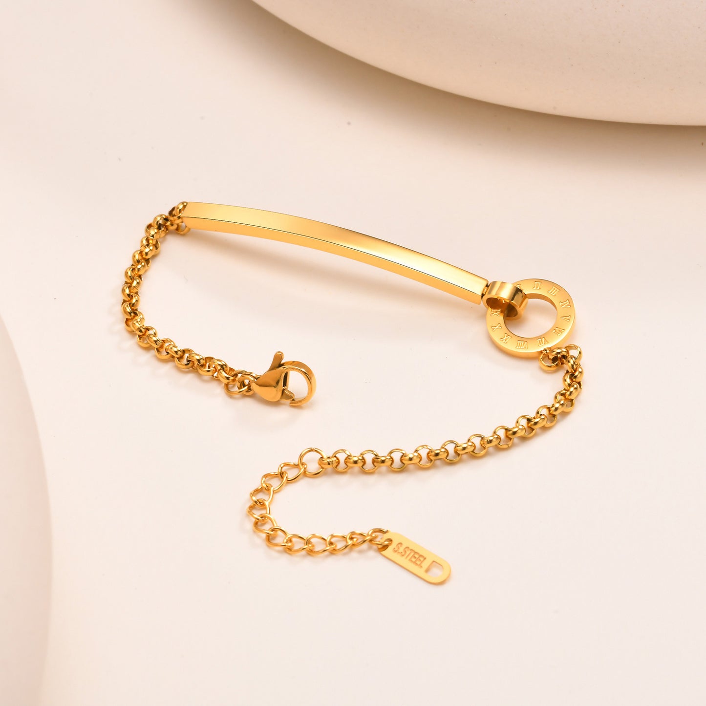 Ladies Stainless Steel Pearl Chain Roman Numeral Ring Bracelet Gold Jewelry