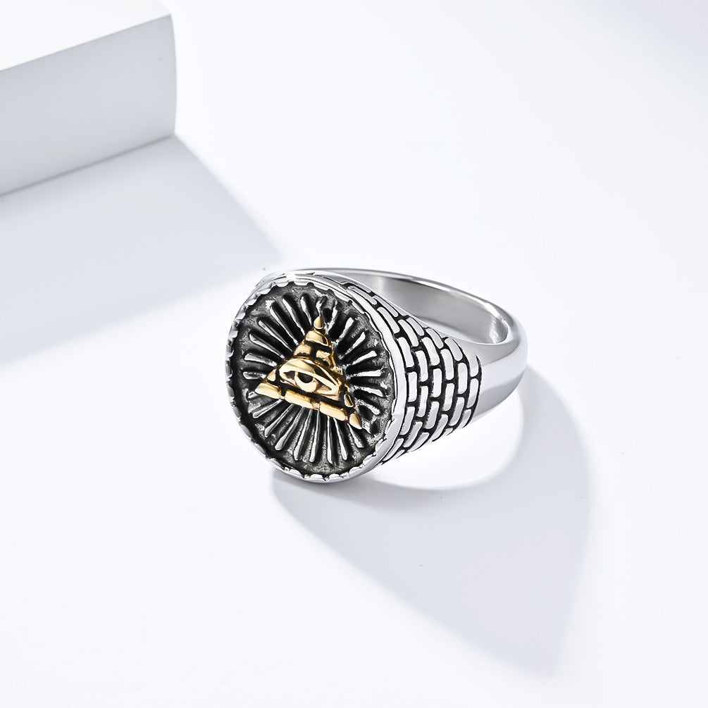 Vintage Egyptian Triangular Pyramid Stainless Steel Ring for Men