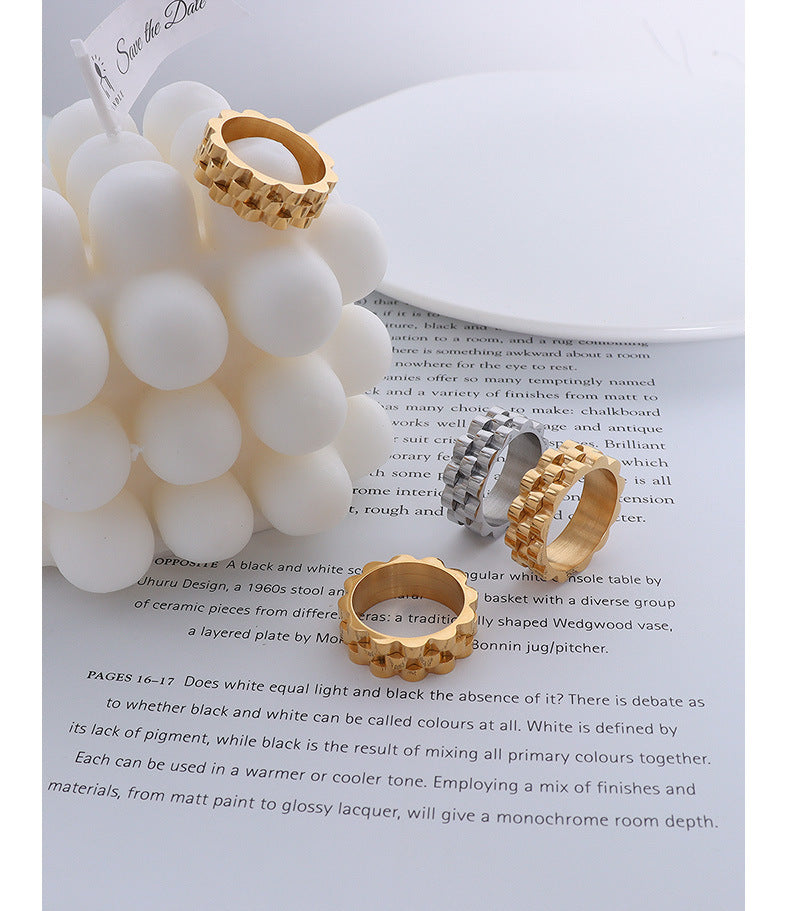 Exaggerated Retro Style Titanium Steel Gold Ring with Thick Strap