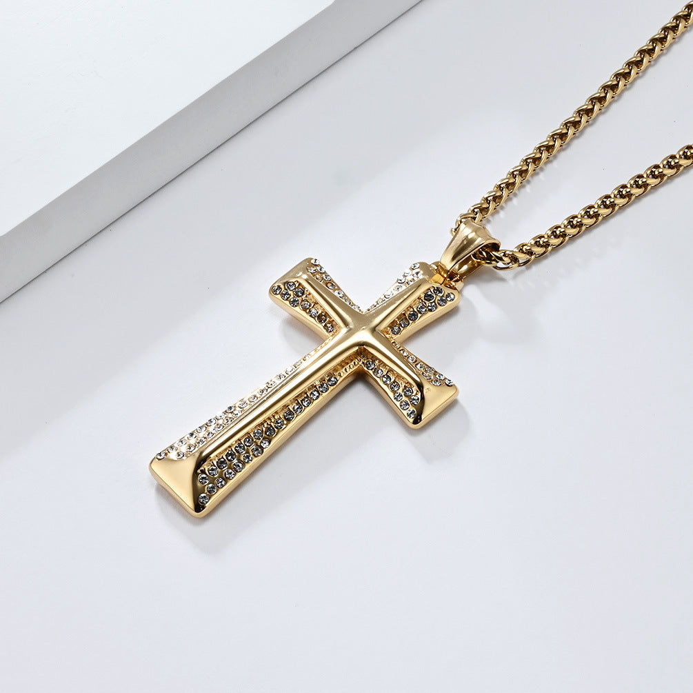 Planderful Premium Gold Plated Zircon Cross Necklace Titanium Steel Unisex Hip Hop Jewelry