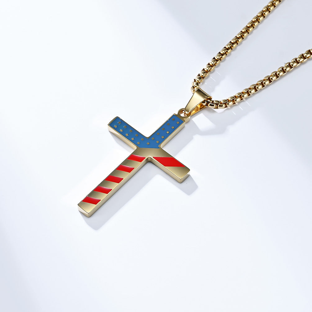 Planderful American Flag Cross Necklace Titanium Steel Unisex Hip Hop Style Premium Daily Wear
