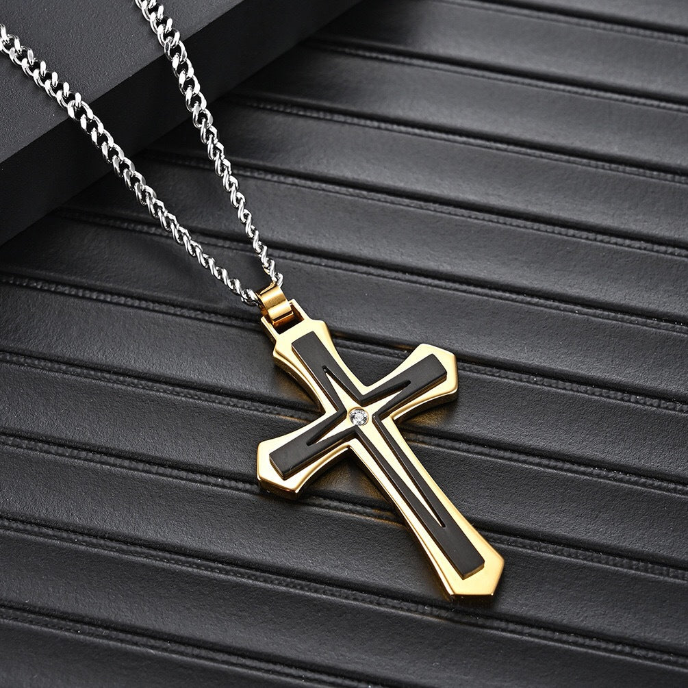 Planderful Titanium Steel Double Cross Hip Hop Necklace For Men Durable Stainless Steel Jewelry