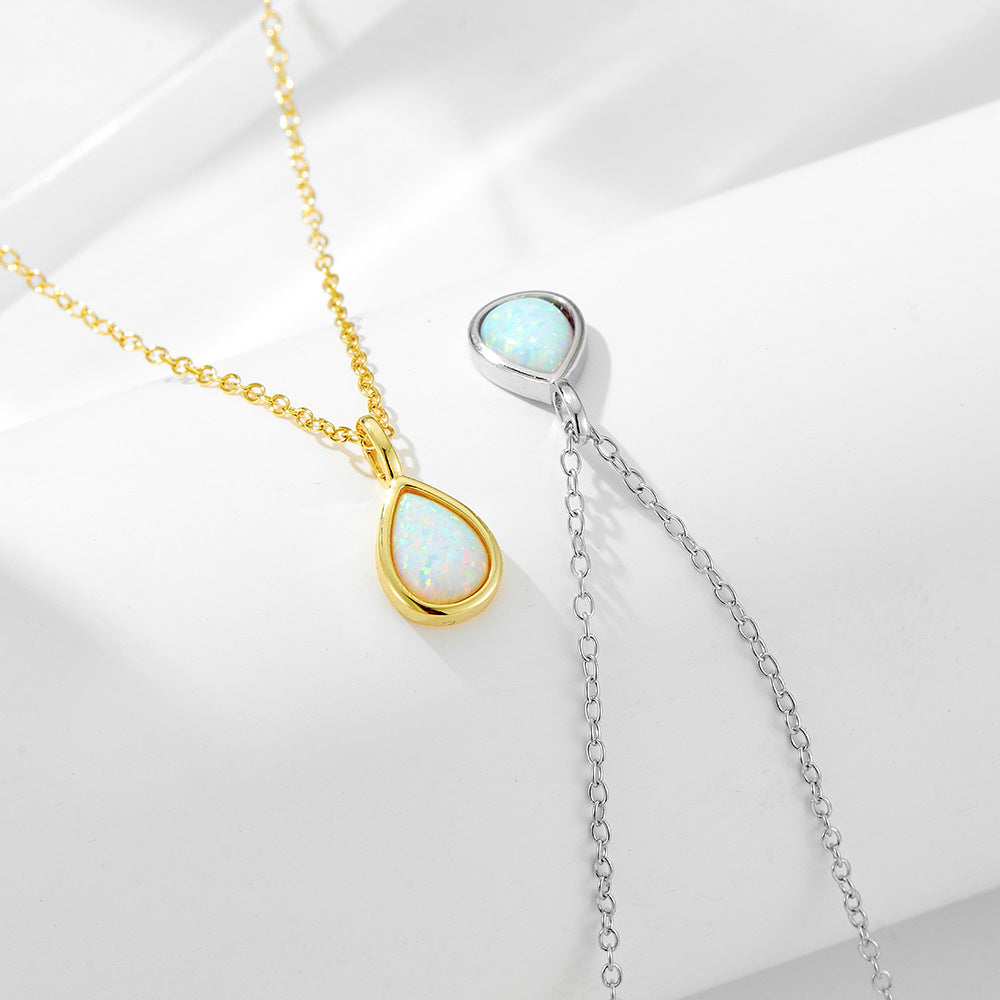 S925 Sterling Silver Geometric Opal Necklace Light Luxury