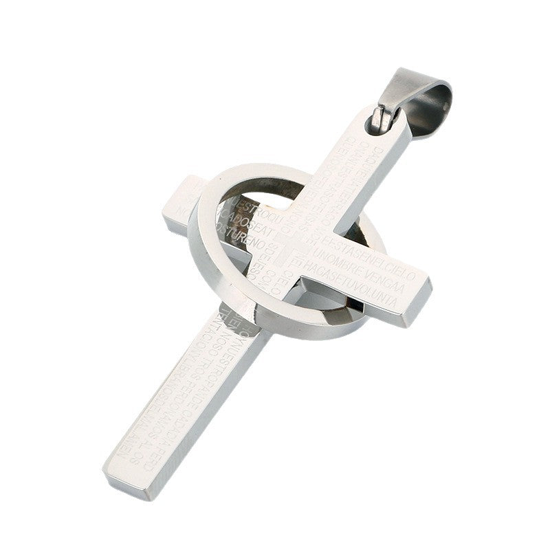 English Cross Pendant, Punk Retro Ring Cross Stainless Steel Men's Necklace
