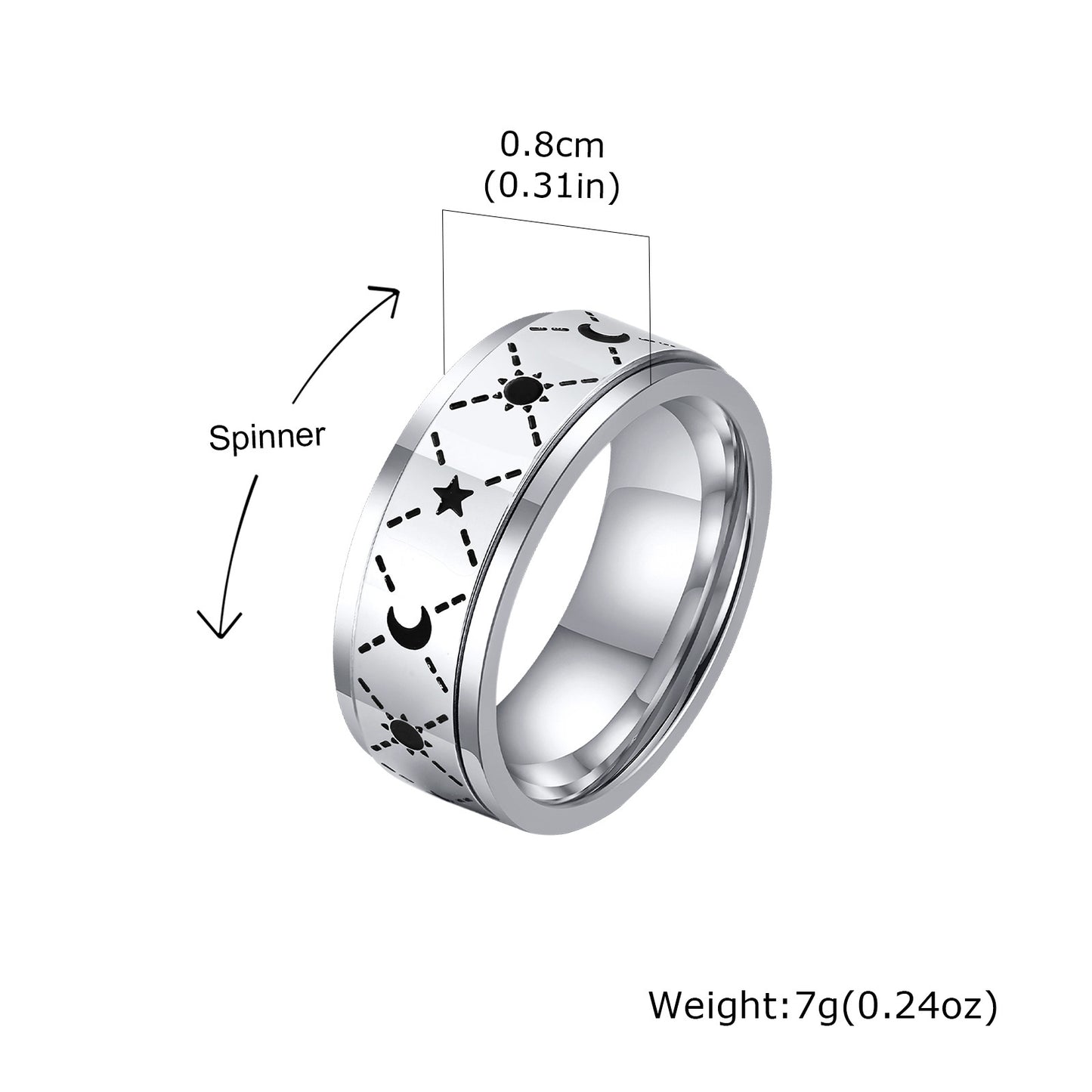 Mens Trend Stainless Steel Sun Moon Rotating Ring Jewelry