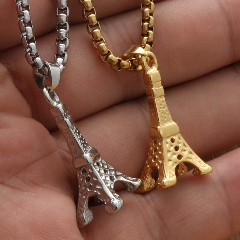 Punk Vintage Stainless Steel Eiffel Tower Pendant Necklace for Men and Women