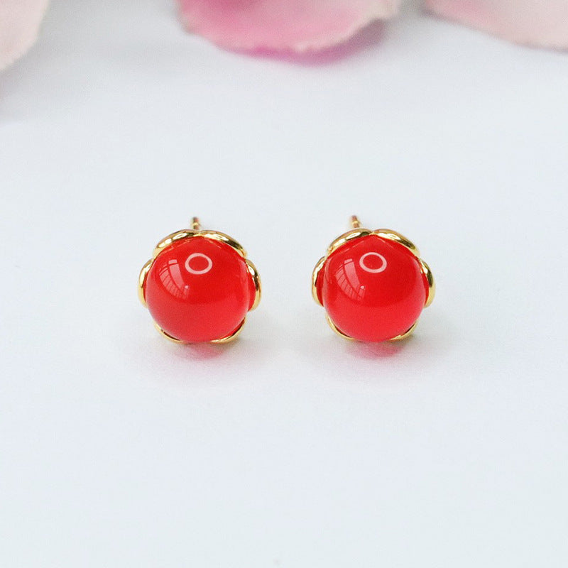 Green and Red Agate Sterling Silver Stud Earrings with Golden Petal Edge