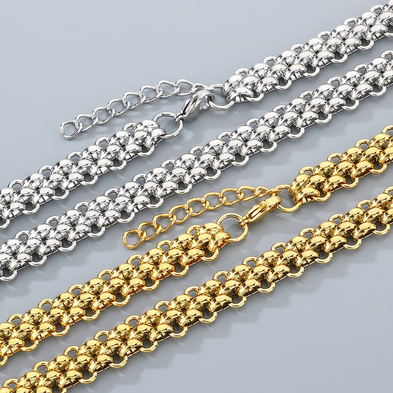 Mens Titanium Steel Triple Row Chain Necklace Bracelet